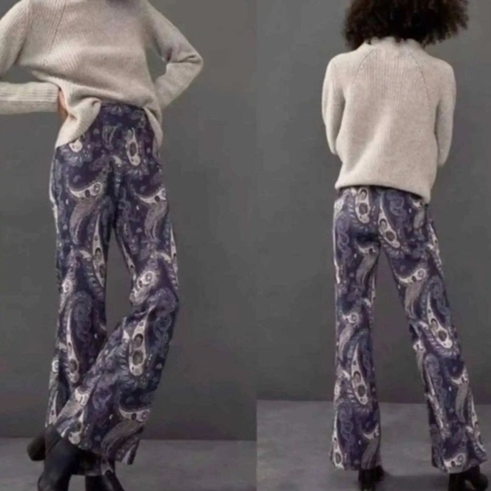 Anthropologie Maeve Size 2 Maria Boho Paisley Blue Metallic Gold Flare Leg Pants